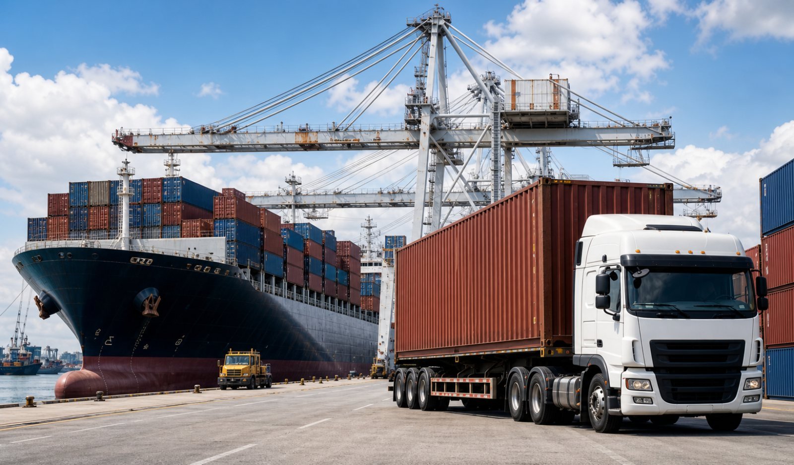 A container truck beside a cargo ship and cranes at a U.S. port